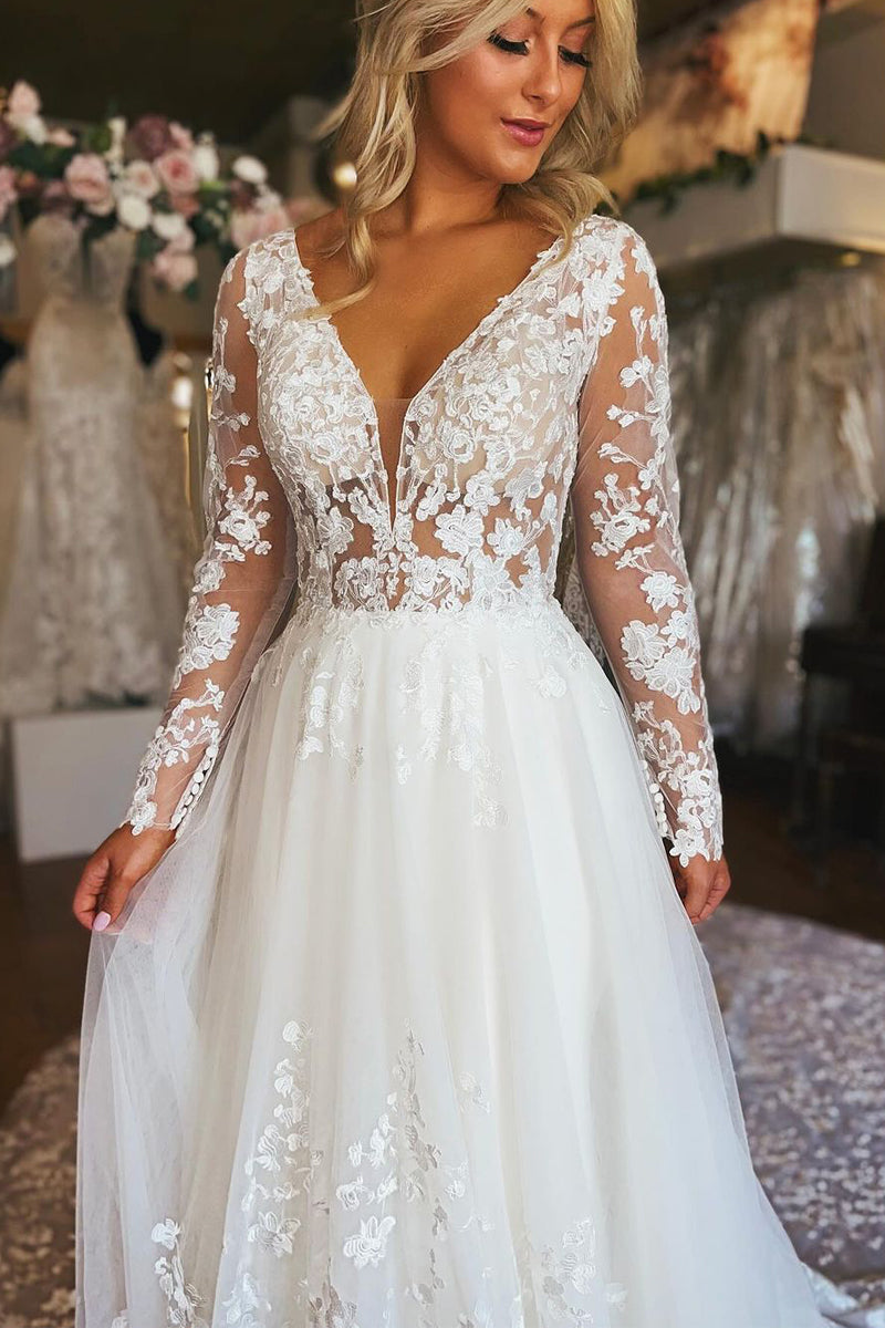 Charming A-Line V Neck Long Sleeve Tulle Lace Wedding Dresses