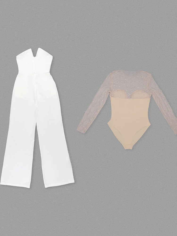 Pearl Mesh Bodysuit and White Jumpsuit Set
