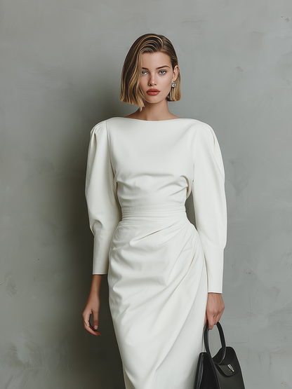 Women's Elegant White Long-sleeved Slim-fit Knit Midi Dress With Pleated Waist