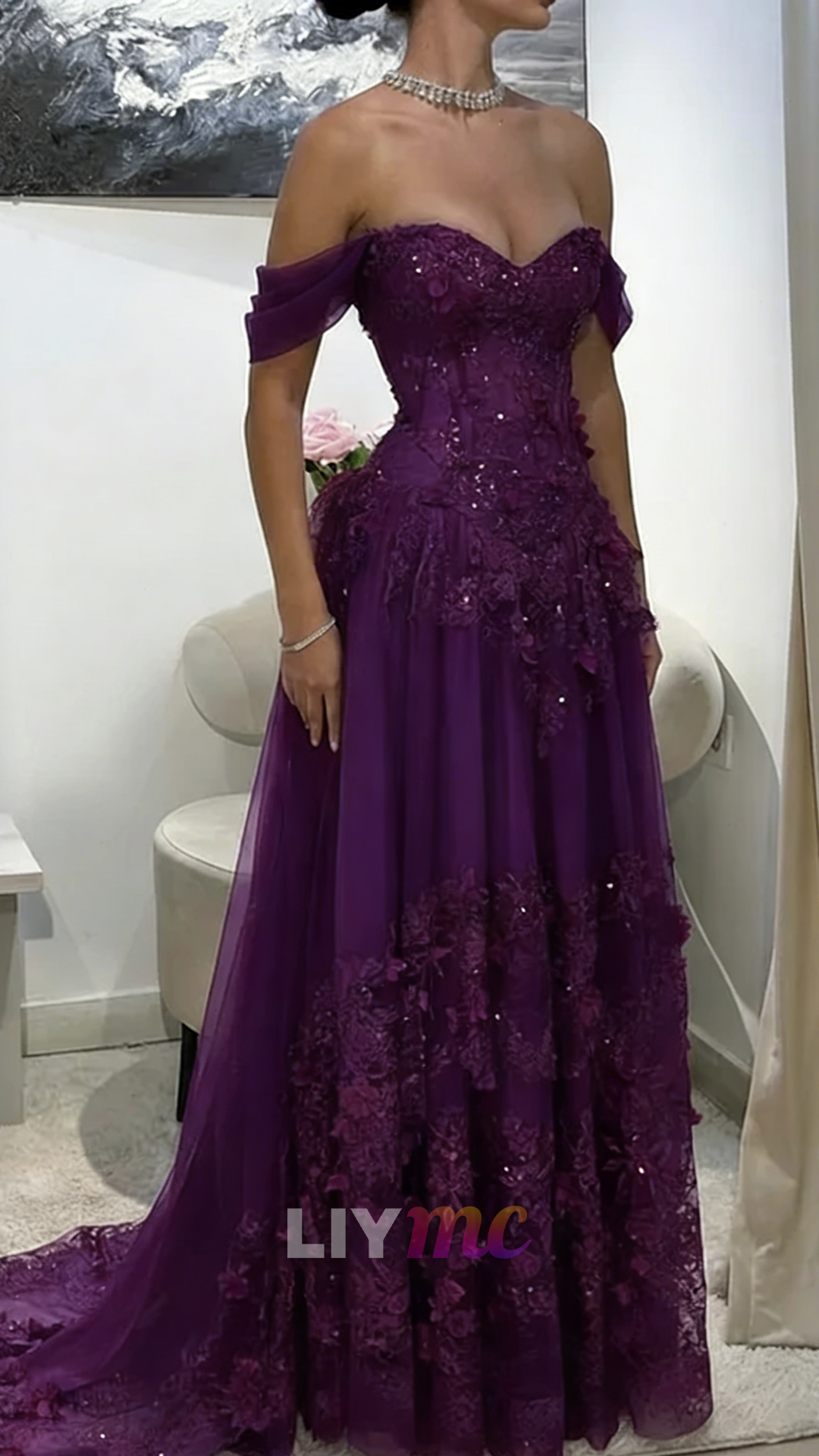 Off-Shoulder Appliques Tulle A-Line Corset Prom Dress