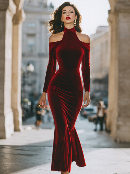 Cold Shoulder Red Velvet Gown With Halter Neckline