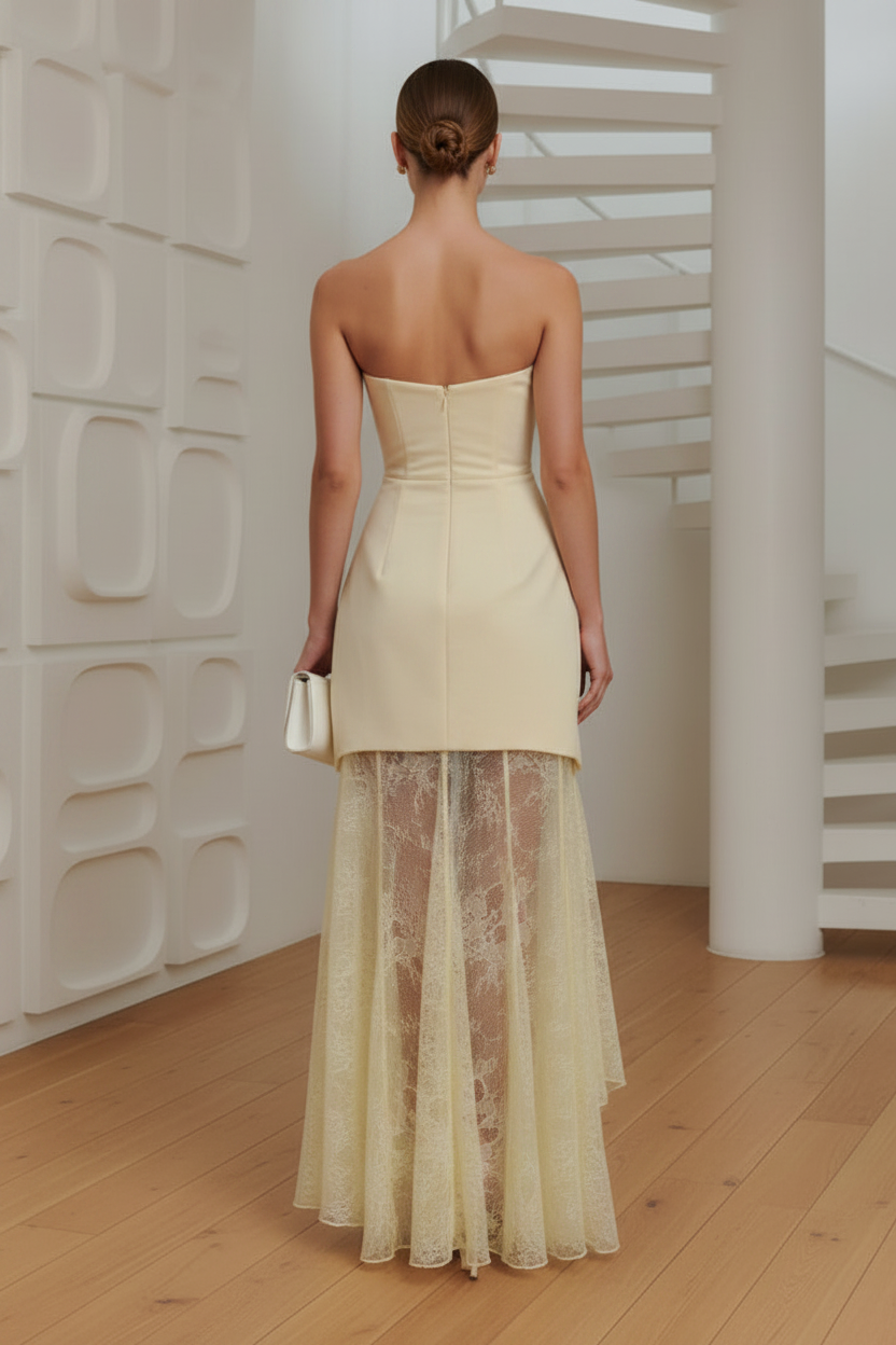 Asymmetrical  Satin And Lace Maxi Dress