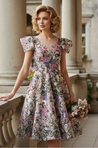 V-Neck Cap Sleeves Floral Appliques A-Line Cocktail Dress