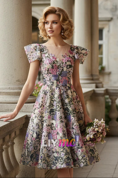 V-Neck Cap Sleeves Floral Appliques A-Line Cocktail Dress