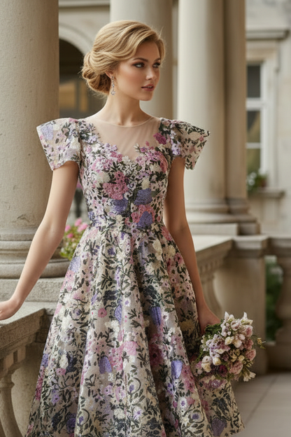 V-Neck Cap Sleeves Floral Appliques A-Line Cocktail Dress