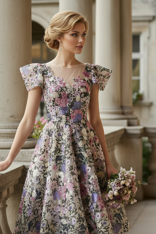V-Neck Cap Sleeves Floral Appliques A-Line Cocktail Dress