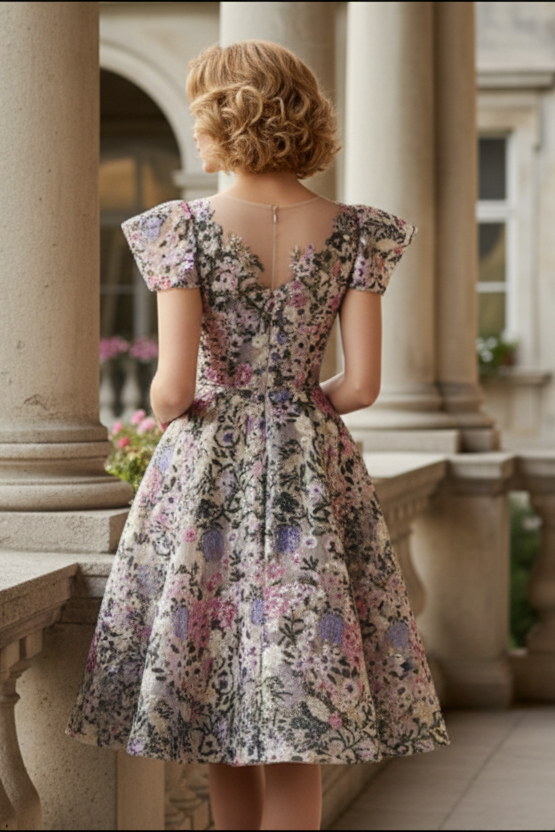 V-Neck Cap Sleeves Floral Appliques A-Line Cocktail Dress