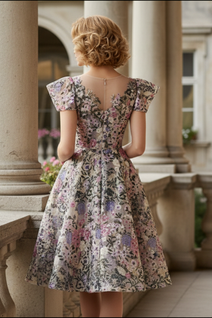 V-Neck Cap Sleeves Floral Appliques A-Line Cocktail Dress