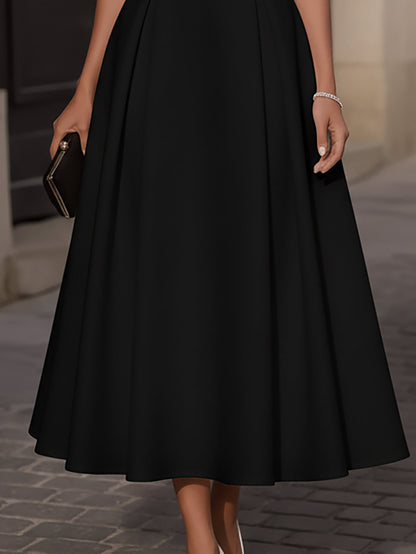 Elegant Black A-Line Dress With Lace Short Sleeves