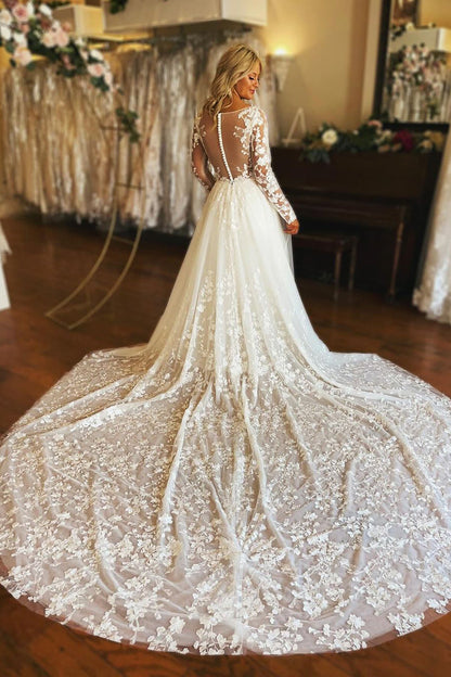 Charming A-Line V Neck Long Sleeve Tulle Lace Wedding Dresses