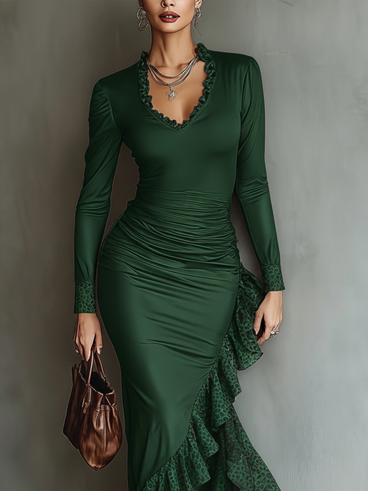 Green Long Sleeve Ruched Bodycon Dress With Ruffled Leopard Hem