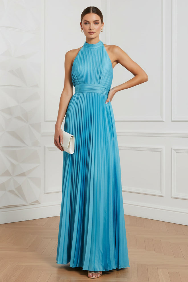 Wedding Guest Sleeveless Halter Neck Pleated Dress