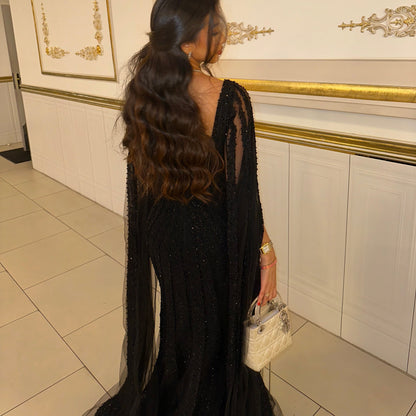 V-Neck Long Sleeves Beaded Embroidery Mermaid Evening Dress