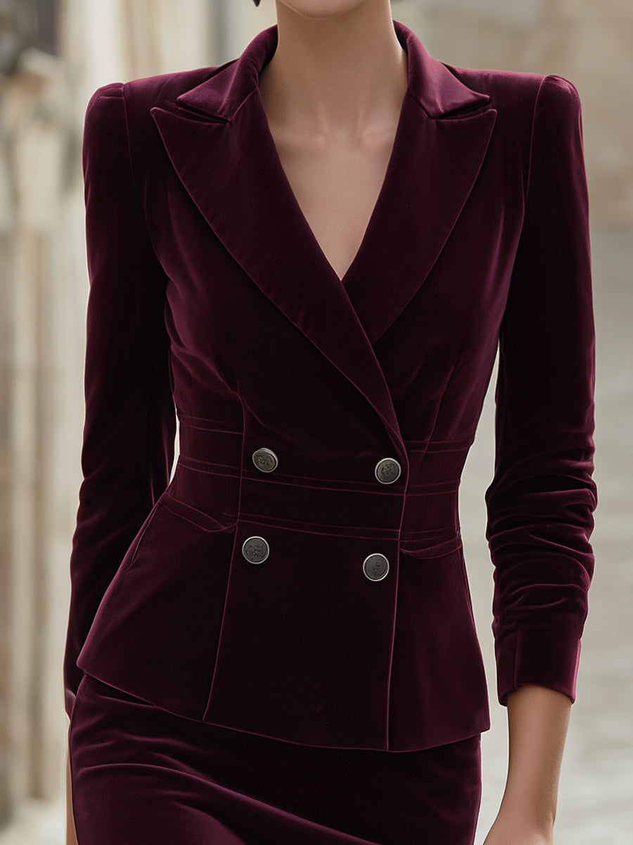 Burgundy Velvet Double-Breasted Skirt Suit