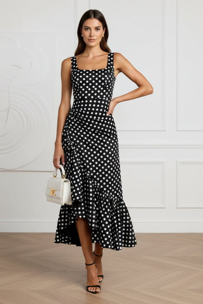 Black Sleeveless Polka Dot Wedding Guest Dress