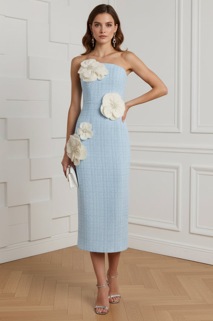 Blue Cocktail Dress Strapless 3D Floral