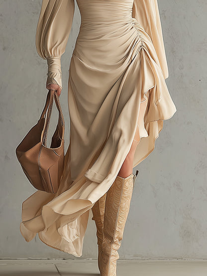 Champagne Draped Cowl Neck Ruched Asymmetric Maxi Dress