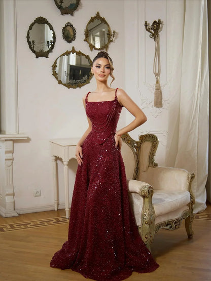 Dazzling Burgundy Spaghetti-Straps Sleeveless Beaded Pleated Prom Dress YK0573