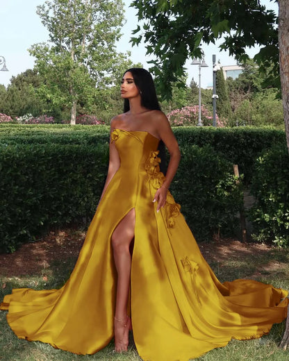 Elegant Straight Across Pink Split Sleeveless Handmade Flower Prom Dress YK0162