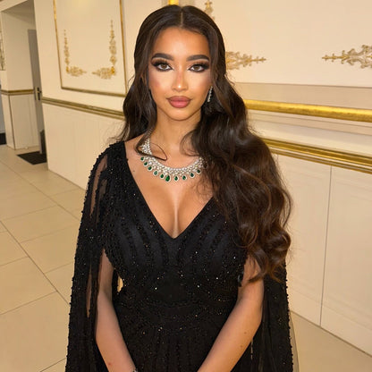 V-Neck Long Sleeves Beaded Embroidery Mermaid Evening Dress