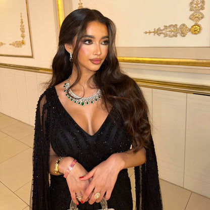 V-Neck Long Sleeves Beaded Embroidery Mermaid Evening Dress