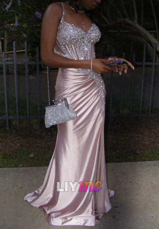 Classy Spaghetti Straps Pink Satin Beaded Mermaid Evening Dress Slit Long Wedding Guest Dress