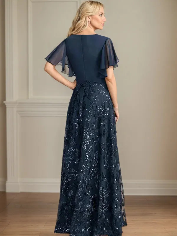 A Line V Neck Short Sleeve Chiffon Mother of the Bride Dress With Appliques