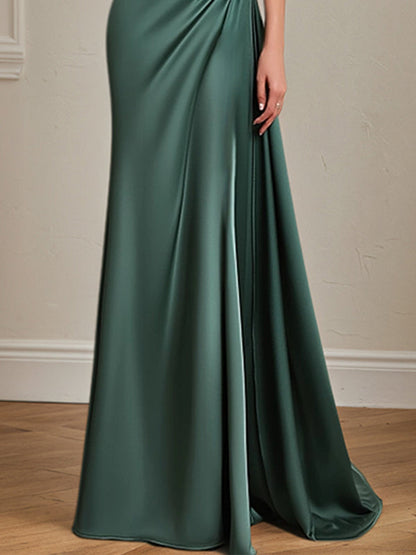 Formal Dress Green One Shoulder Rhinestone Waist Belt Floor Length Dress