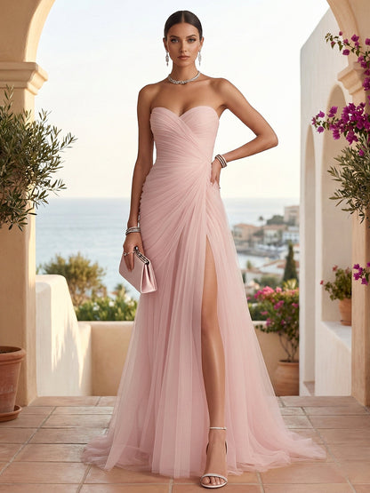 Strapless Sweetheart High Slit Tulle Pleat Prom Dress Evening Dresses