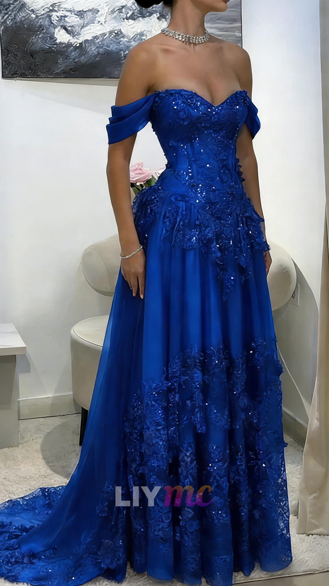 Off-Shoulder Appliques Tulle A-Line Corset Prom Dress