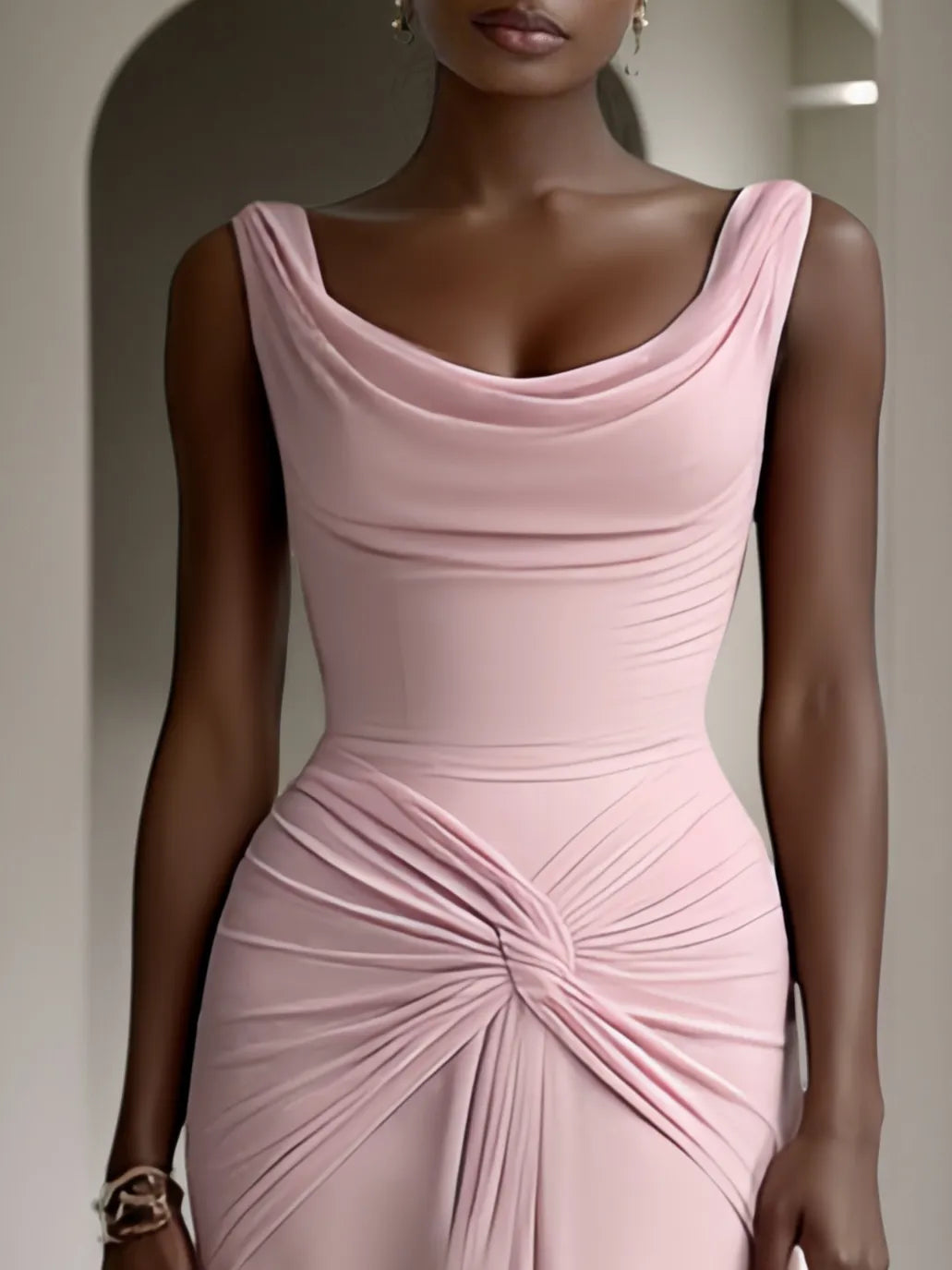 Pink Ruched Slit Formal Dress Cowl Neck Sleeveless A-Line Gown Dress