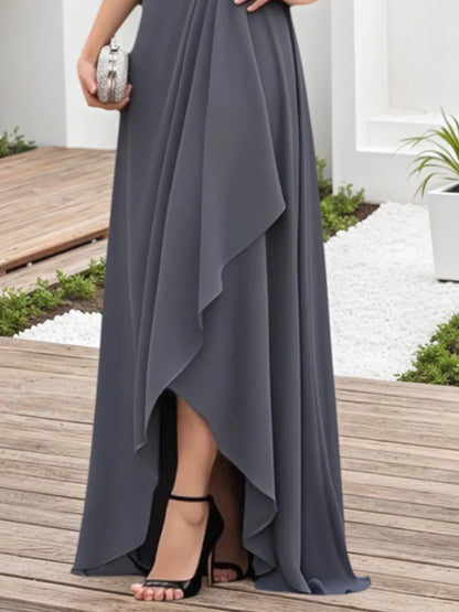 Mother of the Bride Dress Grey Lace V Neck Chiffon Maxi Dress