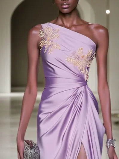 Purple Applique Ruched Classic One Shoulder Sleeveless A-Line Gown Dress
