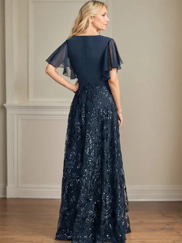 A-line V-Neck Floor-Length Lace Sequin Chiffon Mother of the Bride Dress With Pleated