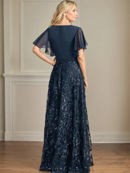 A-line V-Neck Floor-Length Lace Sequin Chiffon Mother of the Bride Dress With Pleated