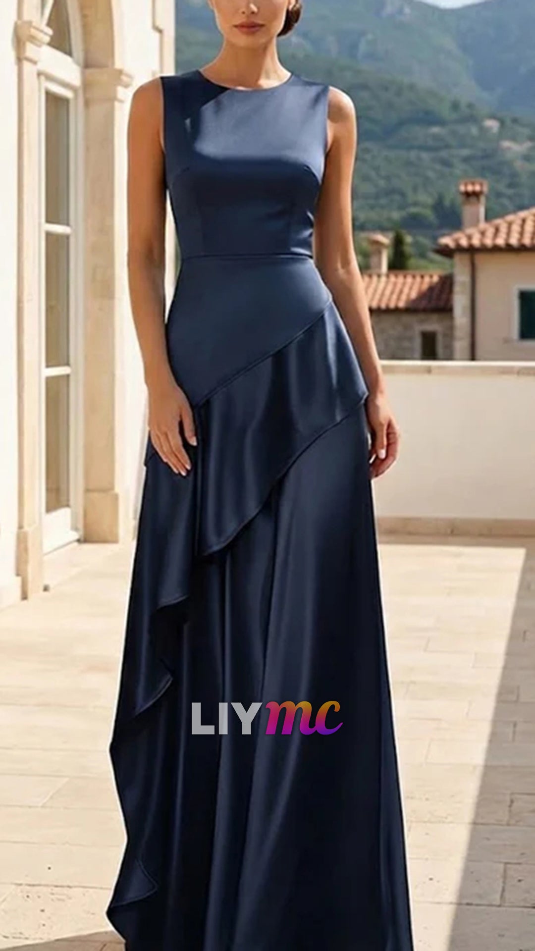Navy Blue Evening Dress with Ruffle O Neck A Line Maxi Dress