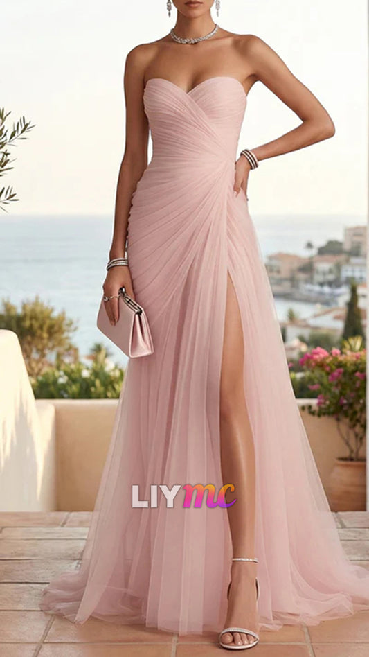 Strapless Sweetheart High Slit Tulle Pleat Prom Dress Evening Dresses