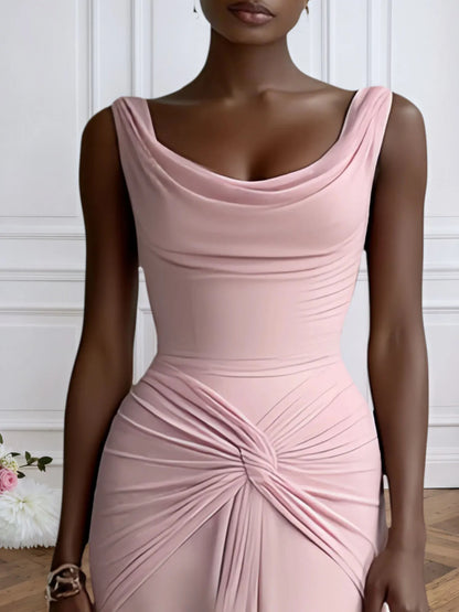 Pink Ruched Slit Formal Dress Cowl Neck Sleeveless A-Line Gown