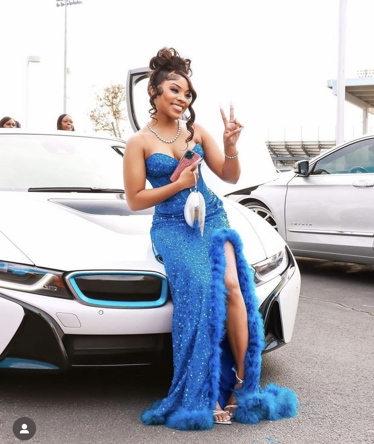 Royal Blue Strapless Mermaid Slit Prom Dress Evening Party Dress for Black Girl