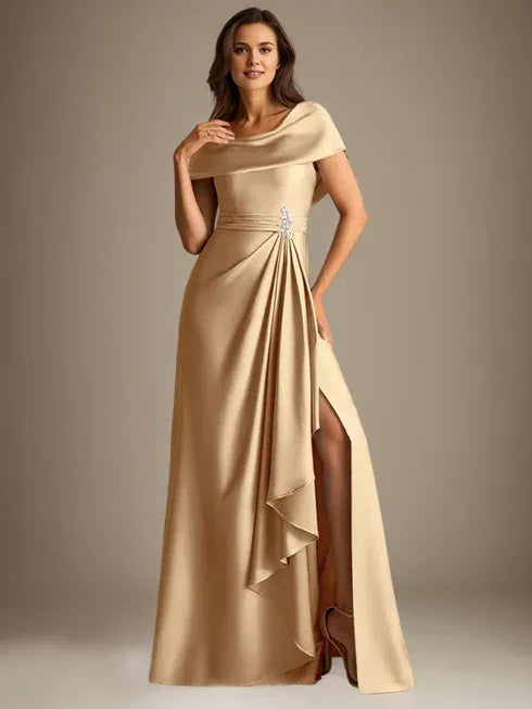 A-Line Scoop Floor-Length Stretch Satin Mother of the Bride Dress With Cascading Ruffles