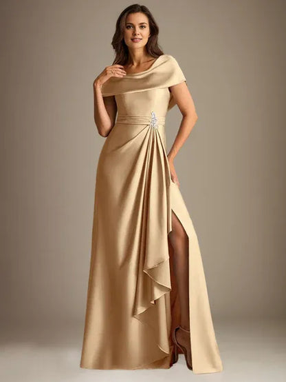 A-Line Scoop Floor-Length Stretch Satin Mother of the Bride Dress With Cascading Ruffles