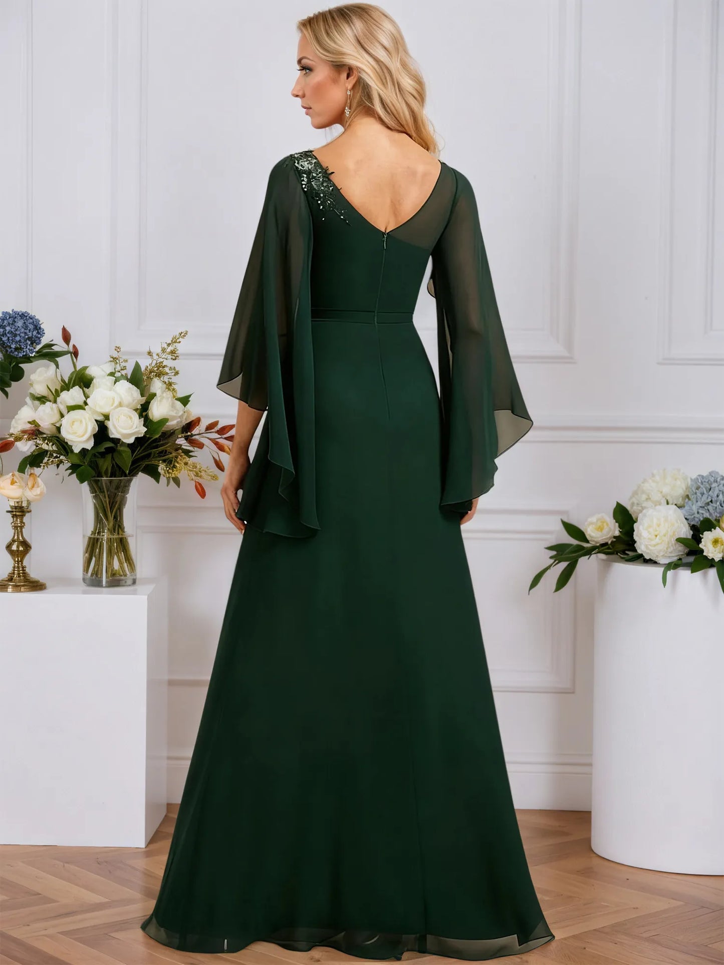 A-line Boat Neck Illusion Floor-Length Chiffon Evening Dress With Sequins Appliques Lace Pleated