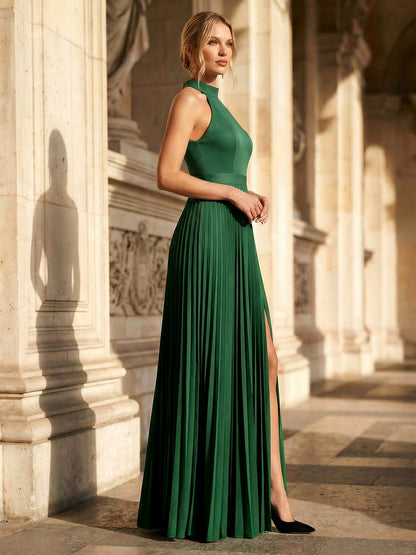 Emerald Green Halter High Neck Pleated Maxi Gown with High Slit and Pockets