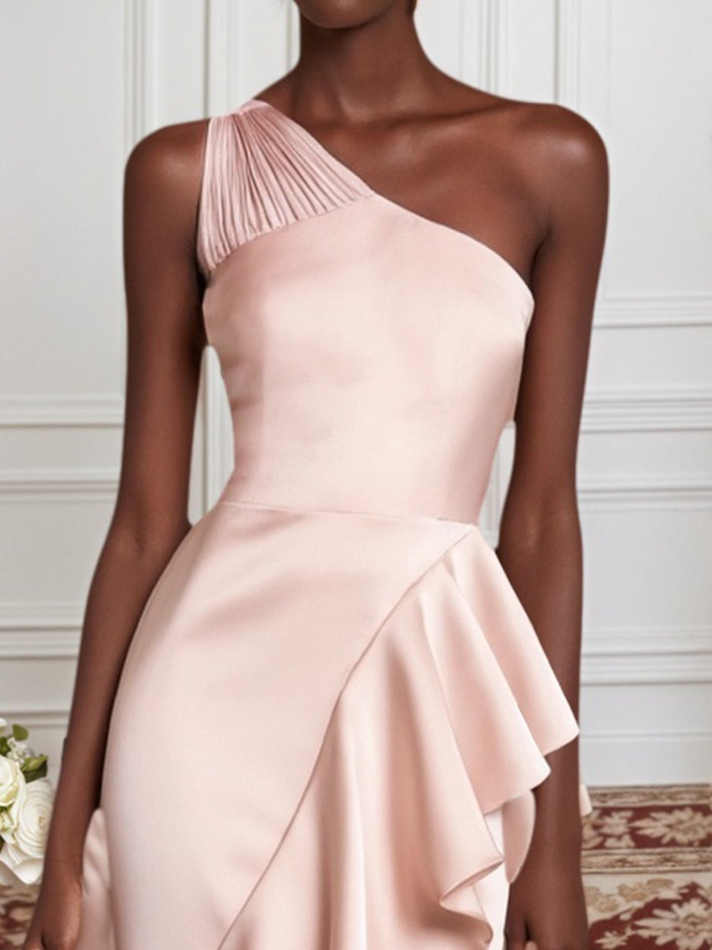 Party Dress Light Pink Satin One Shoulder Ruffle Midi Dress