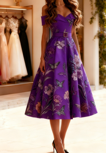 Off-Shoulder Floral Printed A-Line Satin Mother of Bride Dress