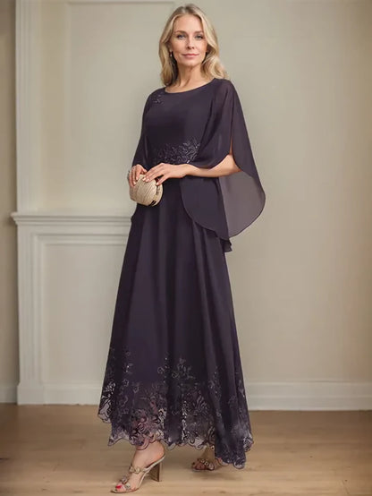 A-line Scoop Illusion Ankle-Length Lace Chiffon Mother of the Bride Dress With Sequins