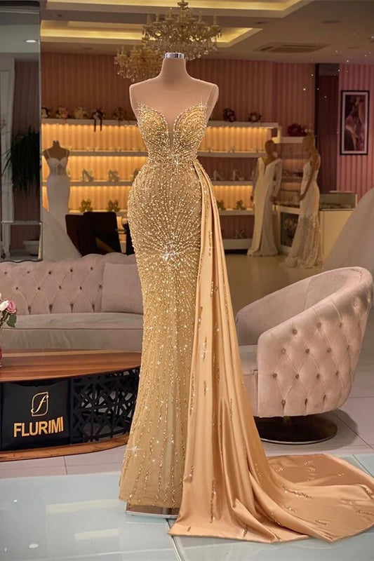 Stunning Gold Sweetheart Sleevelss Mermaid Beadings Evening Dress Ruffle With Rhinestone
