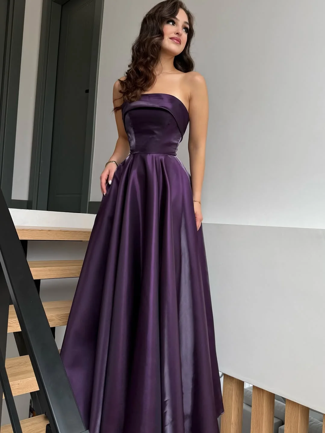 Simple Satin Strapless Sleeveless Long A Line Prom Dress With Pleated
