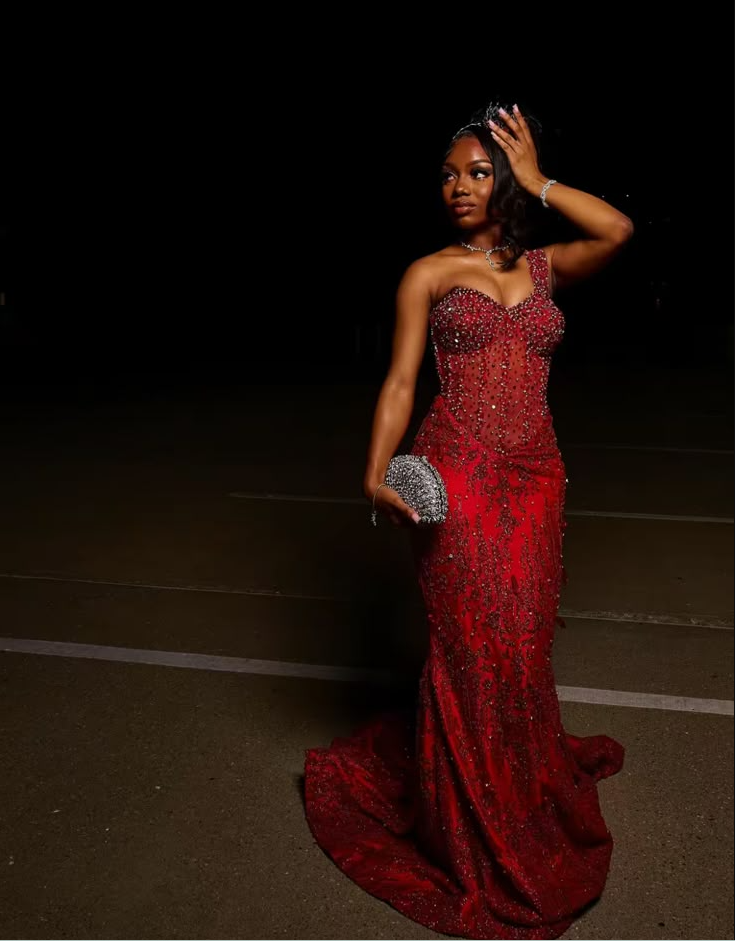 Red Mermaid Long Prom Dresses Formal Evening Dress