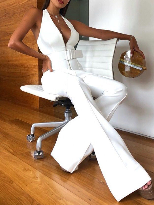 Solid Color Belted V-Neck Sleeveless Wide Leg Jumpsuits